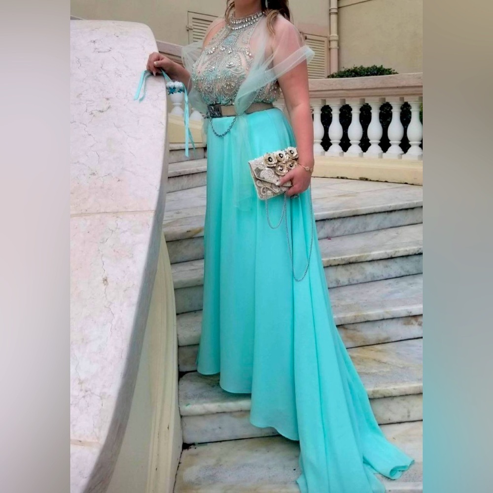 Terani Couture Blue Rhinestone Prom Dress Size 12 Backless